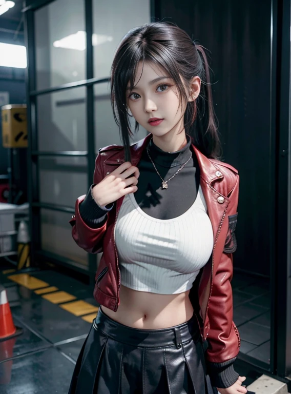 Young Girl, long black hair in two ponytails, Pink eyes, punk, Leather jacket, up skirt, open belly, opened breast, masutepiece, hiquality