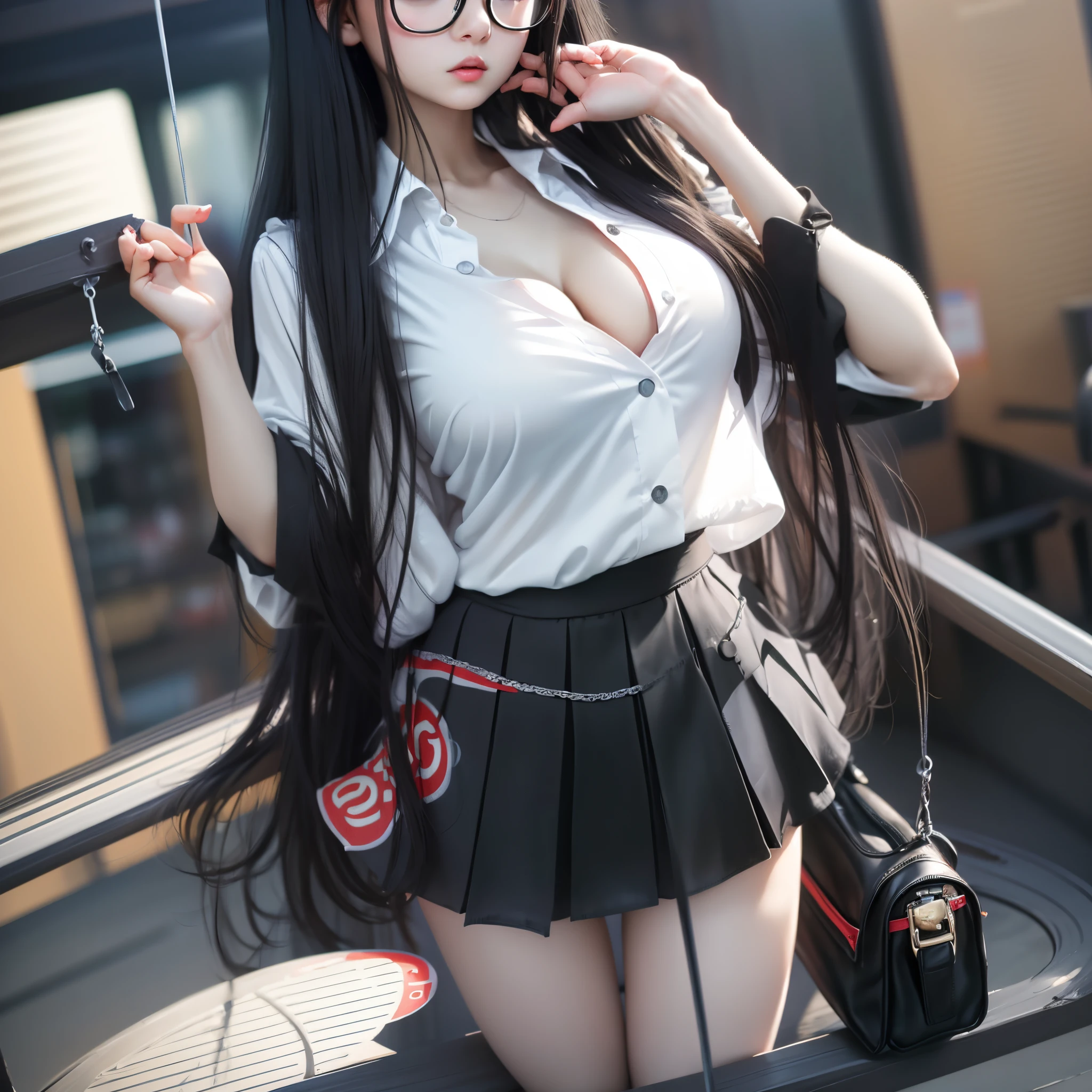 Exhibitionist man, scared woman, long black hair, sexy girl with glasses, full open legs with big breasts, (round swing sexy mini skirt: 1.3), masterpiece (white open shirt: 1.3), top quality, super detailed, high resolution, --auto --s2