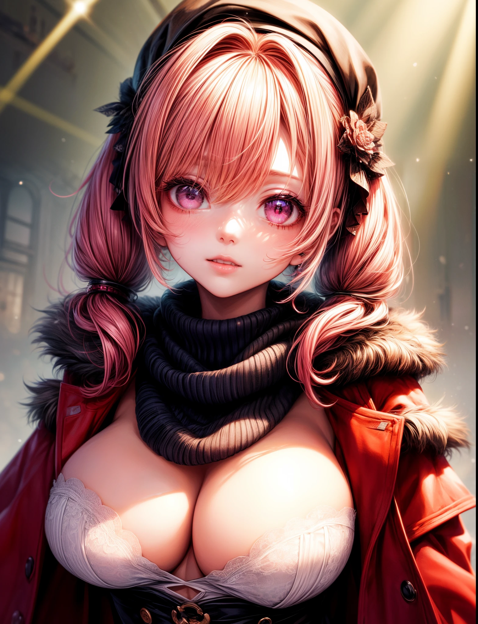 4k, ,Lens flare, pink hair ,mascara, eyeliner, god rays, 4k, 8k, best quality, masterpiece, hyper detailed, intricate detail, 1 girl, detailed, Detailed fuchsia hair ++, detailed pink eyes ++, raytracing, highres, enhanced eyes, huge breasts, seductive, hyper detailed, beret, trendy outfit, scarf, fluffy, winter, twin tails, fluffy, furr, hot girl,