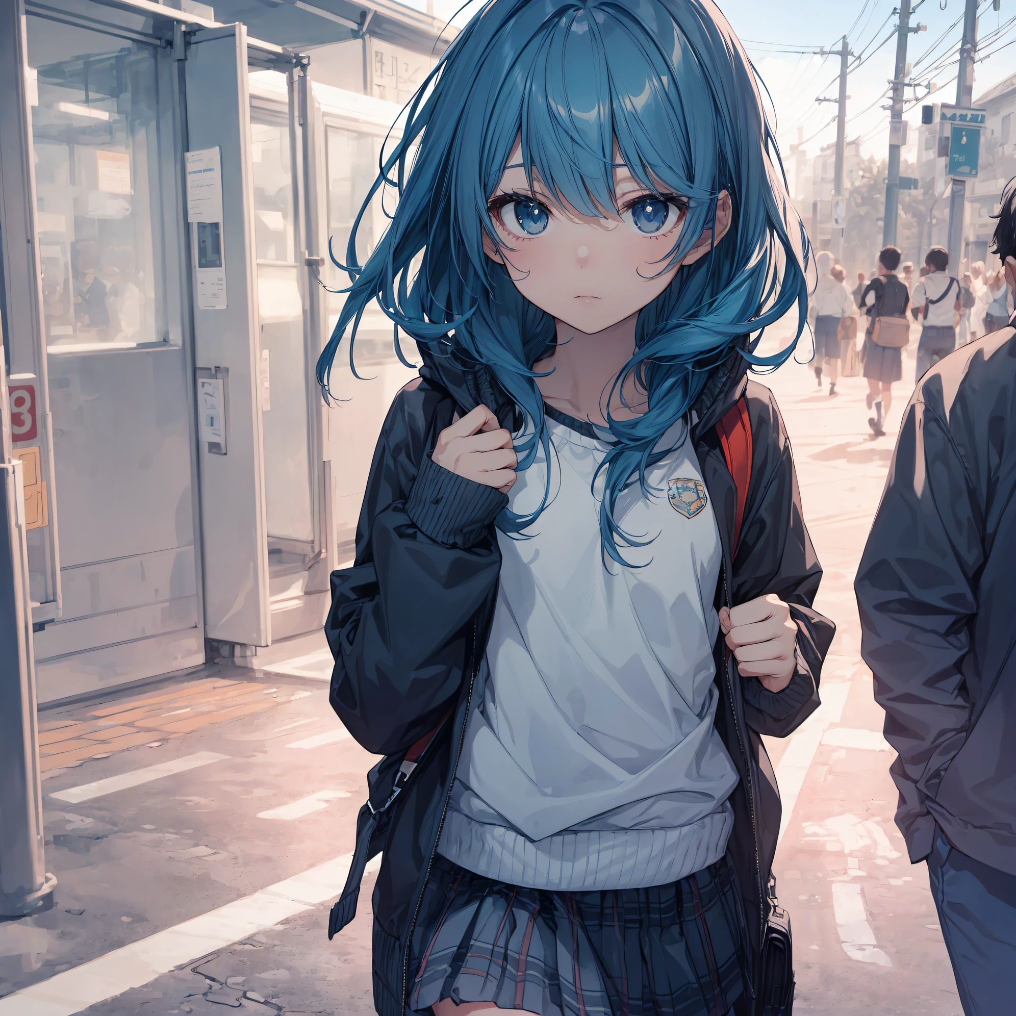 of the highest quality, anime moe art style,Best Anime 8K Konachan Wallpapers,Pixiv Contest Winner,Badass Anime 8K,Perfect Anatomy, (Draw a girl sleepily walking to school. ),BREAK, 1girl in, (Solo,Lori,child,13years:1.3),a junior high school student, Androgynous attraction, (Very short hair),hair messy, Full limbs, complete fingers,flat chest, Small butt, groin, Small eyes,Precise black eyes,disgusted eye, School uniform, Skirt,On the way to school. BREAK,Ultra-detailed,High resolution,super detailed skin, Professional Lighting,8k eye details, (cool illustration:1.2),