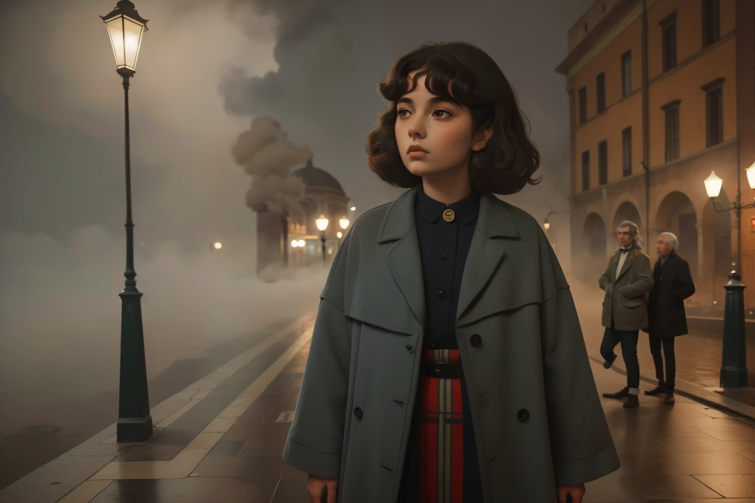 1965, Italy. Pre-raphaelite ((((10-year-old)) Momo)), homeless girl, messy short curly hair, oversized coat, ((sacared)), ((((big and unkempt Clothing from the 1960s)))), ((curly Hairstyle of the 1960s)), ((Wes Anderson cinematic style)), colorful. Persecuted, Surrounded by evil (((grey men))) in grey suits, smoke, fog, sinister. Cold. Italian plaza. Nighttime.