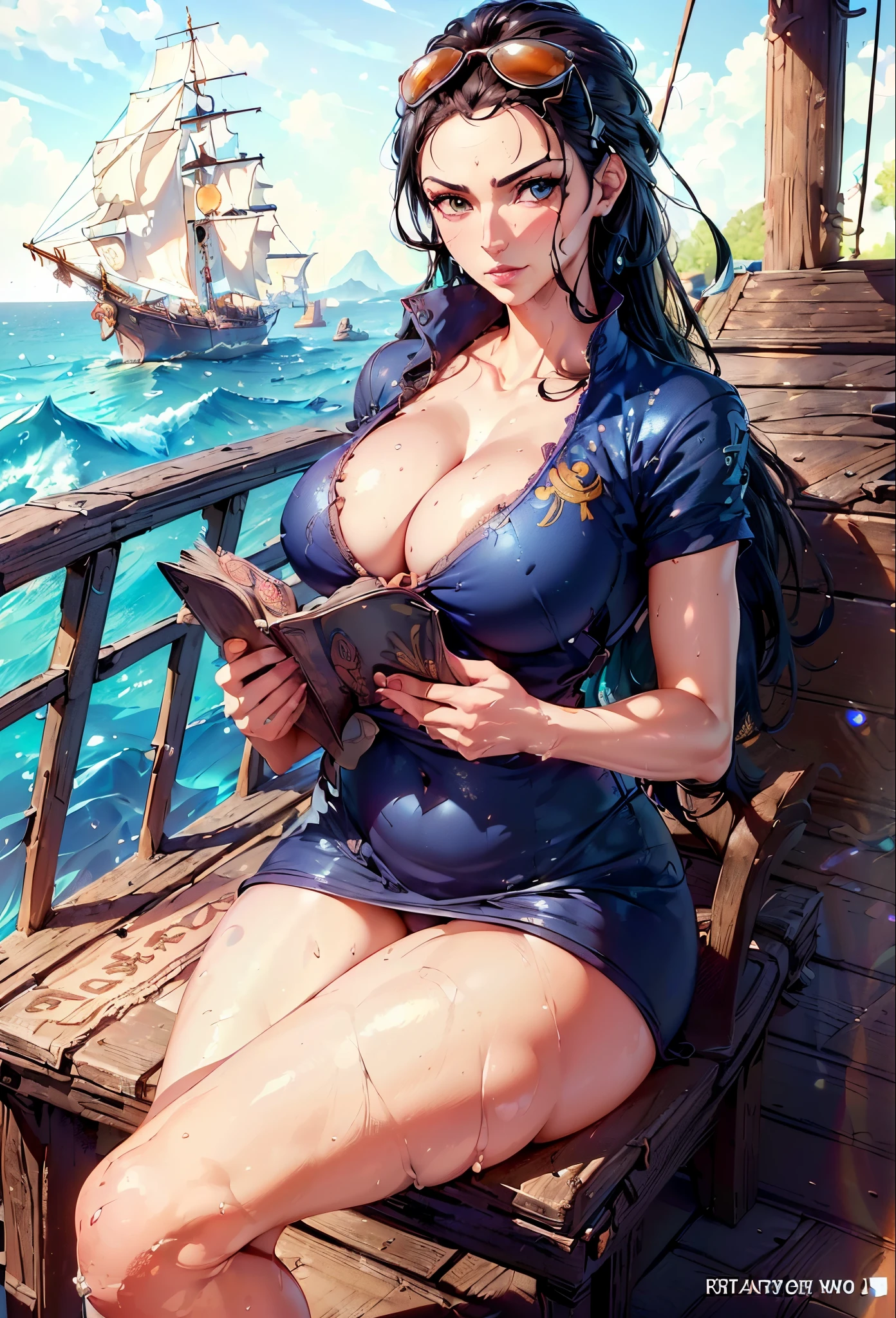 (generate nico robin from one piece anime with, detailed bra, (sexy thong) ,(show cleaveage), at pirate ship, beautifull face, pretty face, beautifull eyes, beautifull nose, sexy lips, polished nails, raytracing beautifull fingers, beautifull hands, sexy belly, sexy body, sexy shoulders, sexy legs, sexy hips, (4 fingers in 1 hand), white skin, full body picture, pretty makeup, (attractive eyes), (cg realistic), 8k, hyperdetail, ((anchor tattoo on arm)), masterpiece, best quality:1.2),(8k,highres,RAW photo,(detailed skin texture,detailed cloth texture,beautiful detailed face:1.25),professional lighting,photon mapping,beautiful soft light,radiosity,physically-based rendering,model shoot style, model shoot style, (extremely detailed CG unity 8k wallpaper), full shot body photo of the most beautiful artwork in the world, complex 3d render ultra detailed, looking at viewer, 18 yo, wet hair, real human skin, vibrant details, hyperrealistic, beautiful, octane render, 8k, best quality, masterpiece, an extremely delicate and beautiful, extremely detailed ,CG ,unity ,wallpaper,Amazing, finely detail, masterpiece,best quality,official art, extremely detailed CG unity 8k wallpaper ,extreme detailed eyes, (perfect face), shiny skin, colorful, highest detailed, vibrant colors, ultra high res, (high contrast), intricate, lens flare,