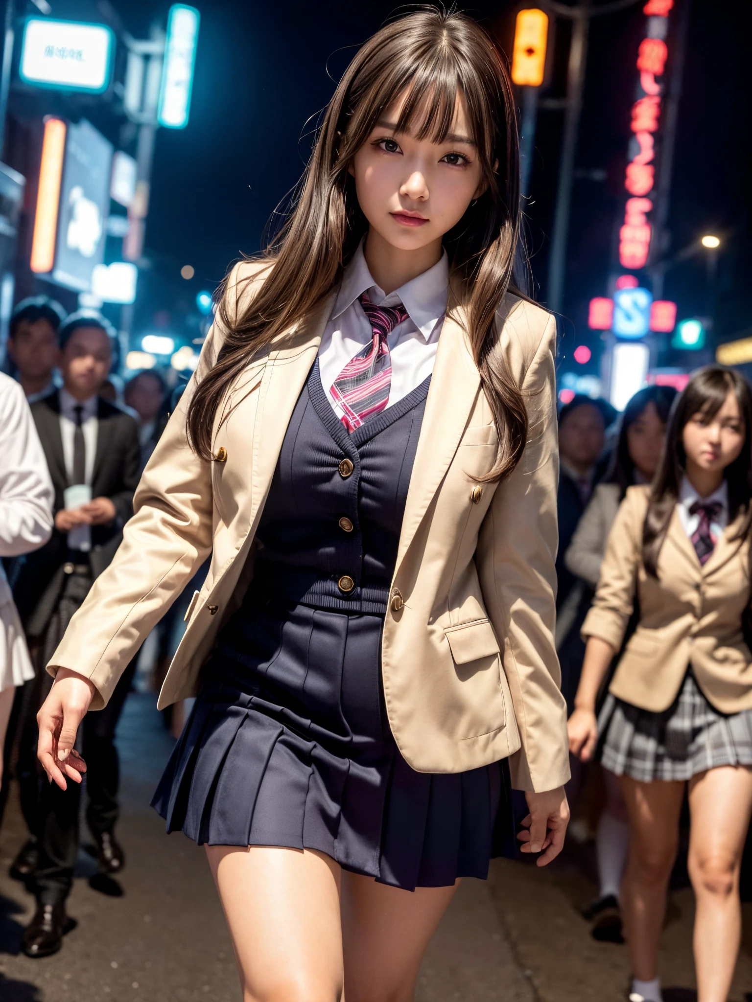 8K,Best Quality, masutepiece, ultra-detailliert, 超A high resolution, Photorealistic, Raw photo, absurderes, absolutely resolution,1girl in,Looking at Viewer,a Japanese young pretty woman, hyper cute face, Glamorous figure, Huge breasts,Long bob hair,Smile,(School uniform:1.3), (she is walking down a crowded street at night:1.3),Glossy lips, Detailed eyes,Double eyelids in both eyes, Natural makeup, Glossy smooth light brown long bob hair, asymmetrical bangs, Shiny skin, central image, High resolution, high detailing, detailed hairstyle, Detailed face, spectacular movie lighting, Octane Rendering, Vibrant, Hyper realistic, Perfect limbs, Perfect Anatomy