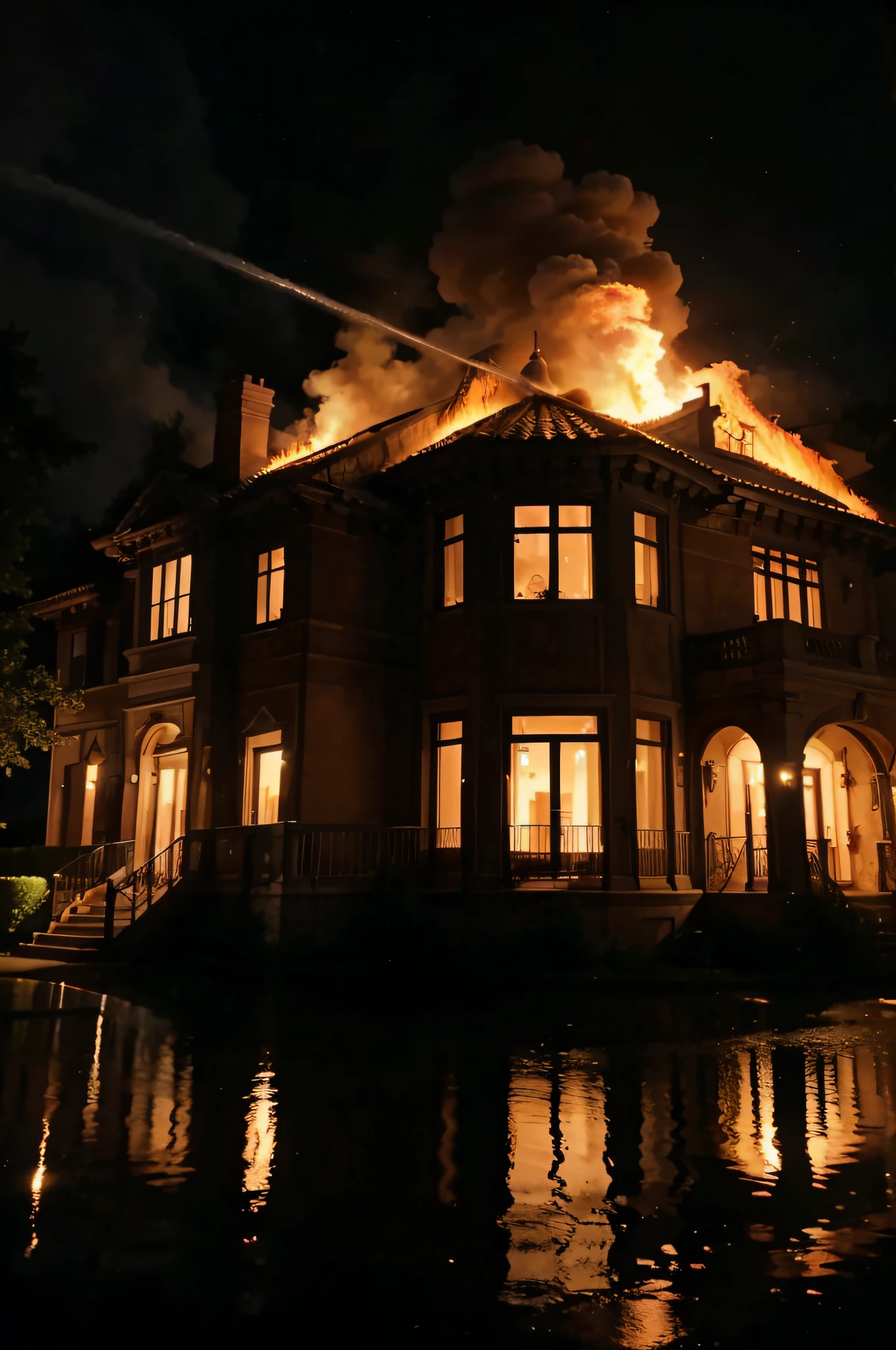 a mansion on fire at night, On the sidewalk there are people in swimsuits with their backs turned..