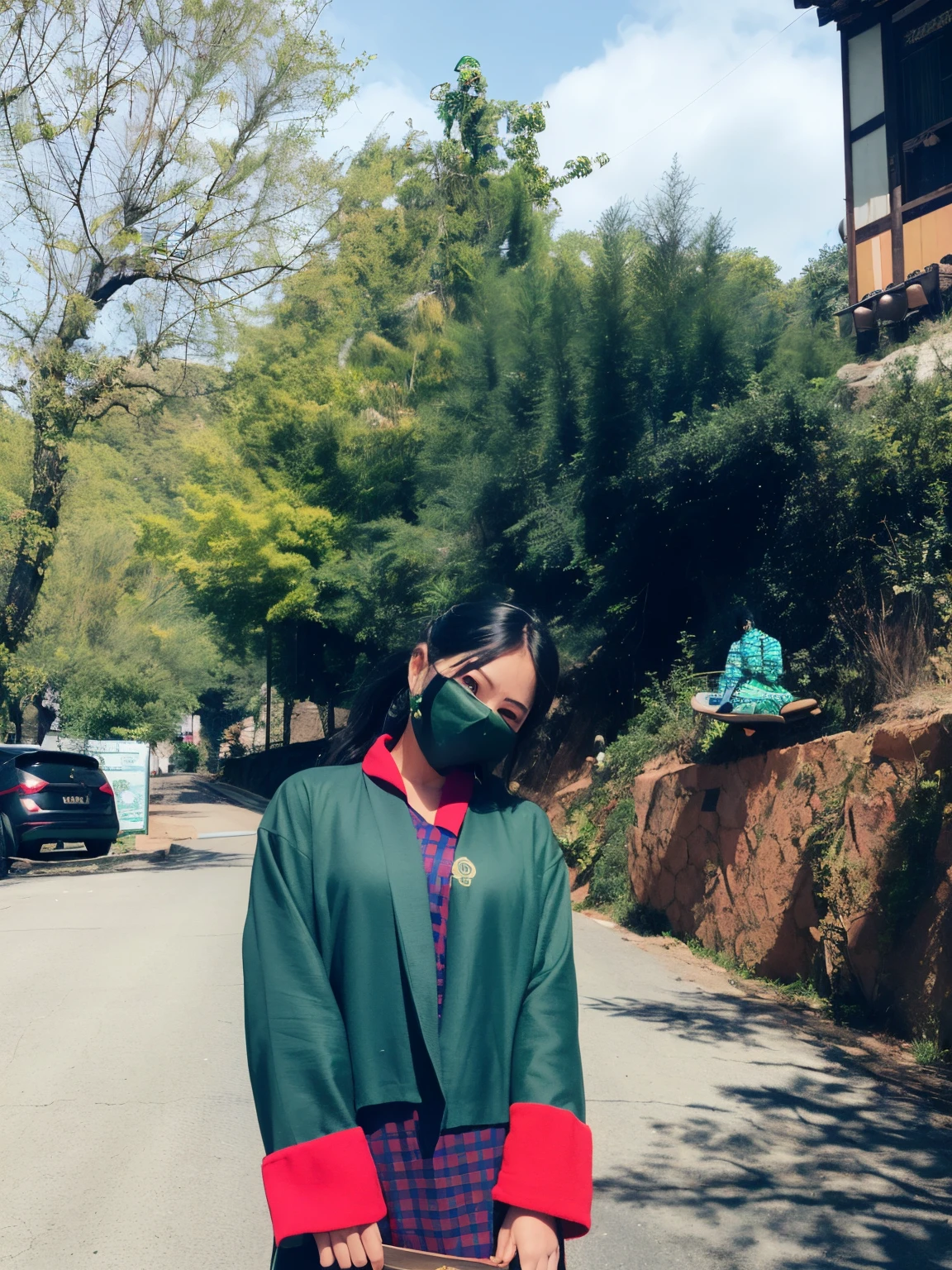 there is a woman wearing a mask and a green coat holding a skateboard, wearing an academic gown, wearing only a green robe, wearing dark green robes, dressed in a green robe, sci-fi tibetan fashion, green robe, young himalayan woman, wearing traditional garb, wearing nanotech honeycomb robe, 🤬 🤮 💕 🎀, by Emma Andijewska