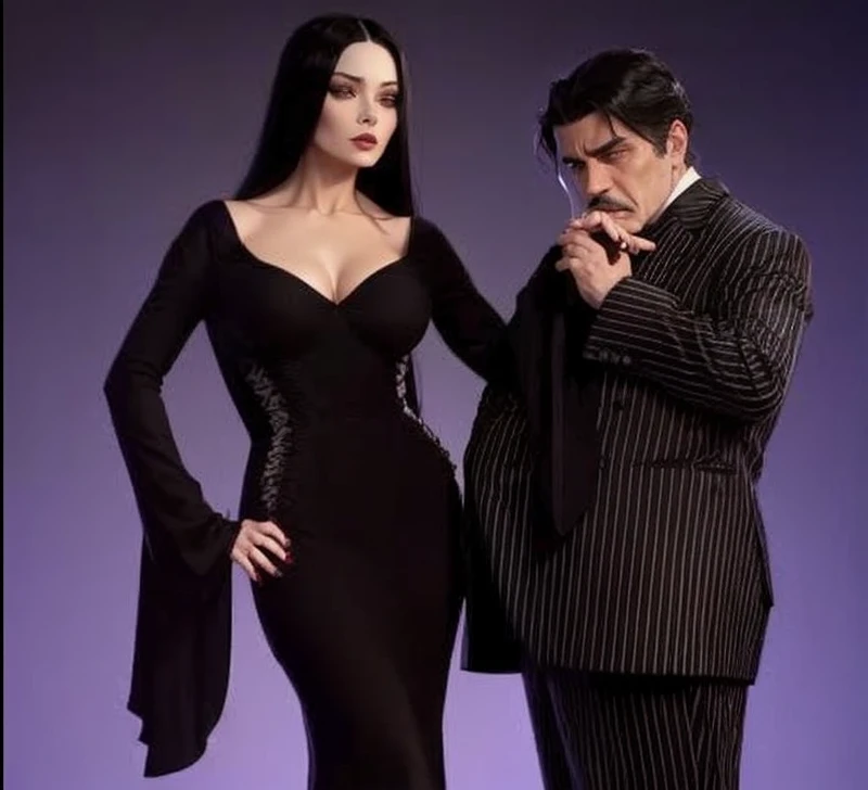 Morticia and Gomez Addams, Morticia has straight black hair, a beautiful black gothic dress, sexy body. Gomez is wearing a black suit, better image quality.