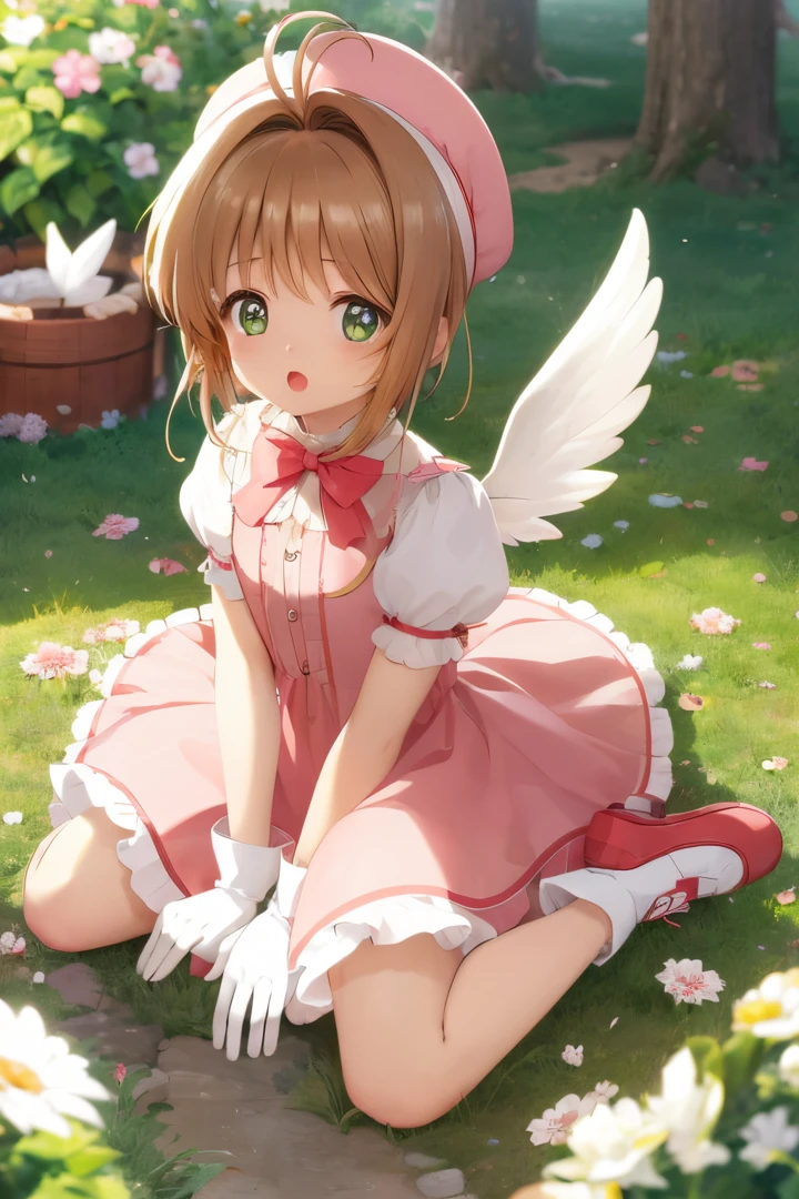 masuter piece, Best Quality, 超A high resolution, top-quality, Anime style, The best lighting, Beautiful face, kinomoto sakura, 1girl in, light brown hair, Short hair, Antenna Hair, pink headwear, Green eyes, frilld, Pink dress, Puffy Short Sleeves, White Gloves, Red bow, white thighhig, Wings, field, :o, wariza, tussock, Kero-chan, There are small white feathers on the back