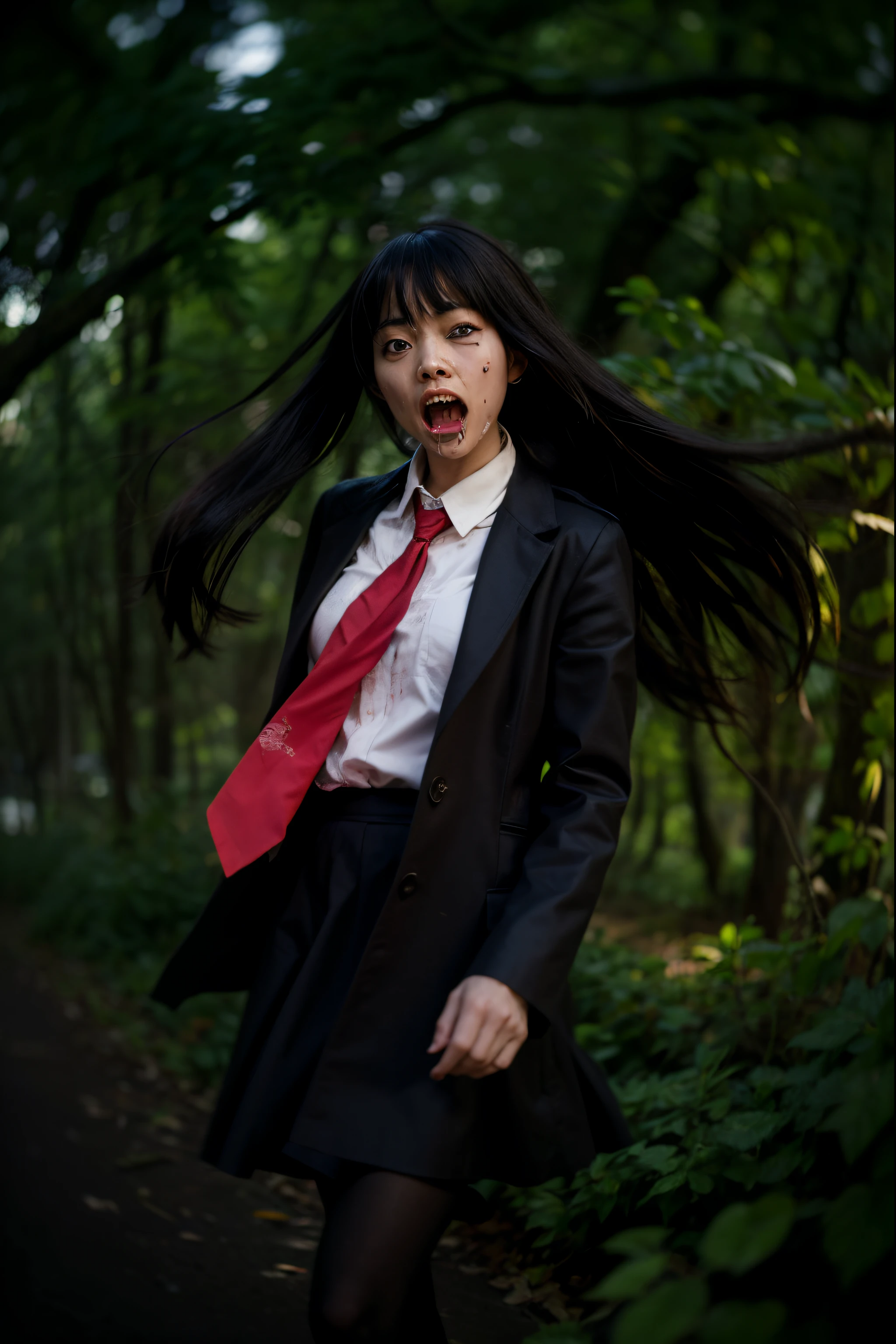 (Best quality, 8k, 32k, Masterpiece, UHD:1.2) "Generate a nightmarish and haunting art piece inspired by Junji Ito's 'Tomie,' featuring the horror character with all of her hair flowing upward in a supernatural and unsettling manner. Depict her with a terrifying, zombie-like face and bloodstains on her school uniform, creating a chilling atmosphere. Utilize dynamic lighting to intensify the horror, casting eerie shadows and highlights that enhance the macabre details of the scene. Emphasize the grotesque and nightmarish elements to capture the terrifying essence of Junji Ito's horror aesthetic." the lake reflection is Evil, Monstrous, other-wordily, cursed, scary, horror, demons at the trees, skeletons