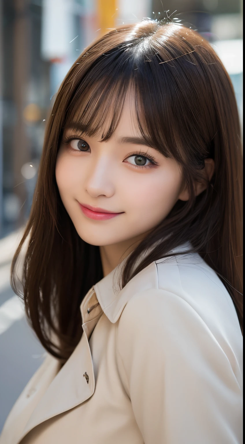 masutepiece, Best Quality, Illustration, Ultra-detailed, finely detail, hight resolution, 8K Wallpaper, Perfect dynamic composition, Beautiful detailed eyes, trench coat,Straight hair,Small breasts natural color lip, Bold sexy poses,Smile,Harajuku、20 years girl、Cute、Sexy shot looking at camera