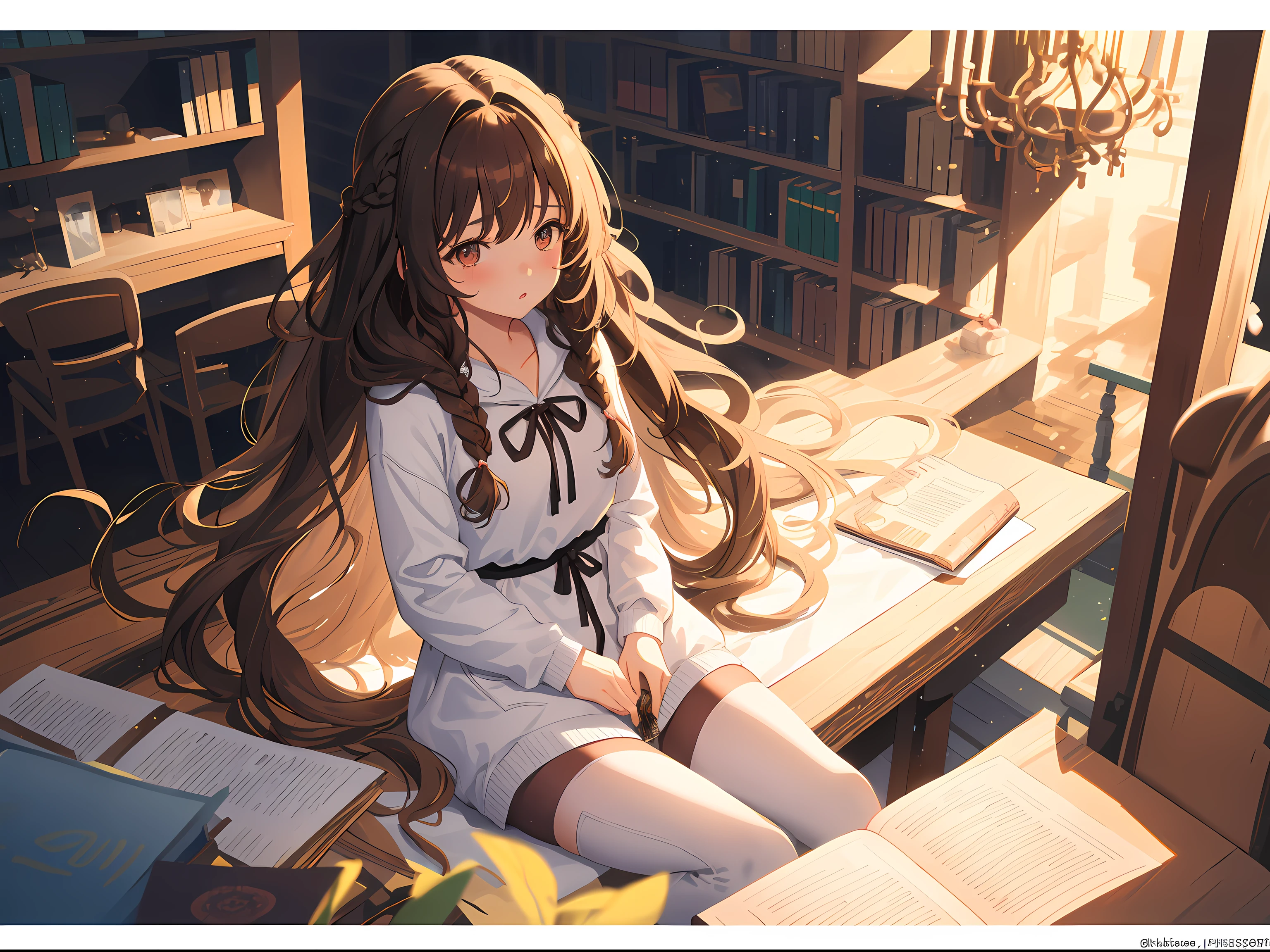 1girl, very long hair, brown hair,curly at the end, gorgeous bangs, mature, parted lips, blush, sitting, cute braids, library, light rays, glow, stockings, very narrow waist, medium bust ((masterpiece)), wallpaper, wide angle, from above, wearing a hoodie and sweatpants