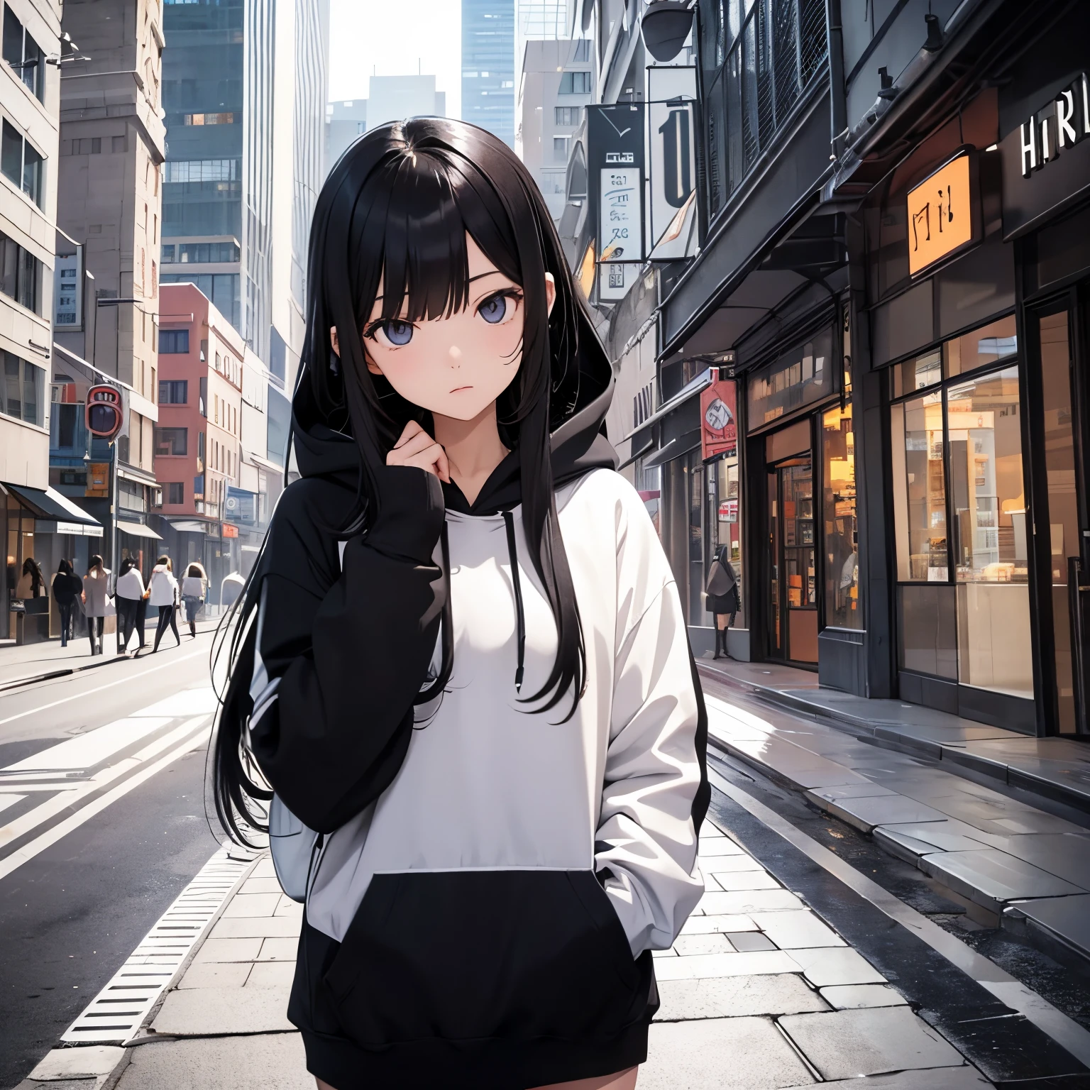 Alone girl, city, cute girl, long black hair, hoodie, pent, ultra sharp, tall girl, decent