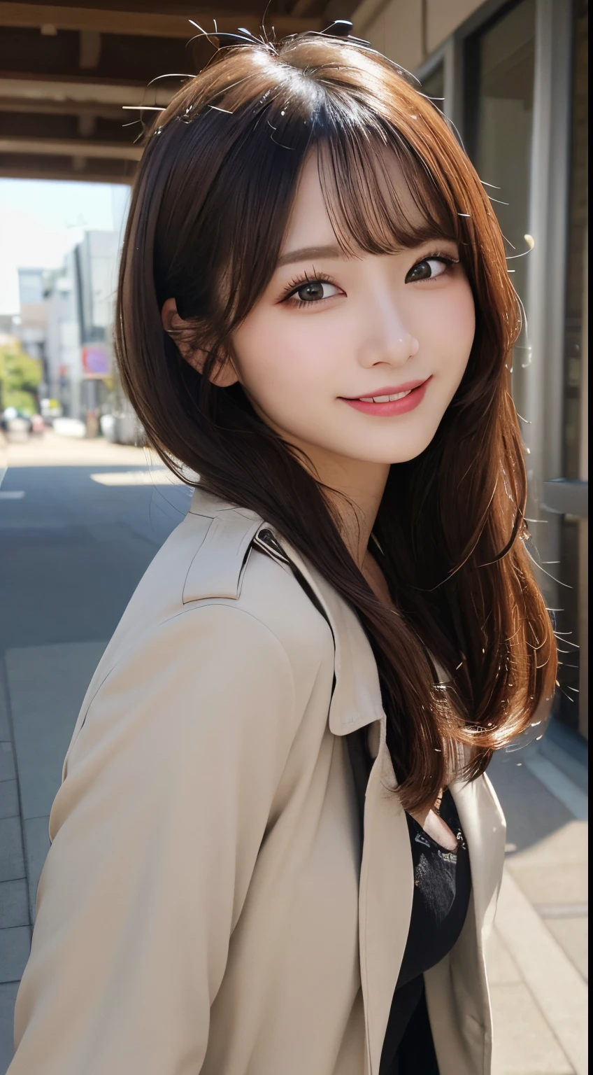 masutepiece, Best Quality, Illustration, Ultra-detailed, finely detail, hight resolution, 8K Wallpaper, Perfect dynamic composition, Beautiful detailed eyes, trench coat,Straight hair,Small breasts natural color lip, Bold sexy poses,Smile,Harajuku、20 years girl、Cute、Sexy shot looking at camera