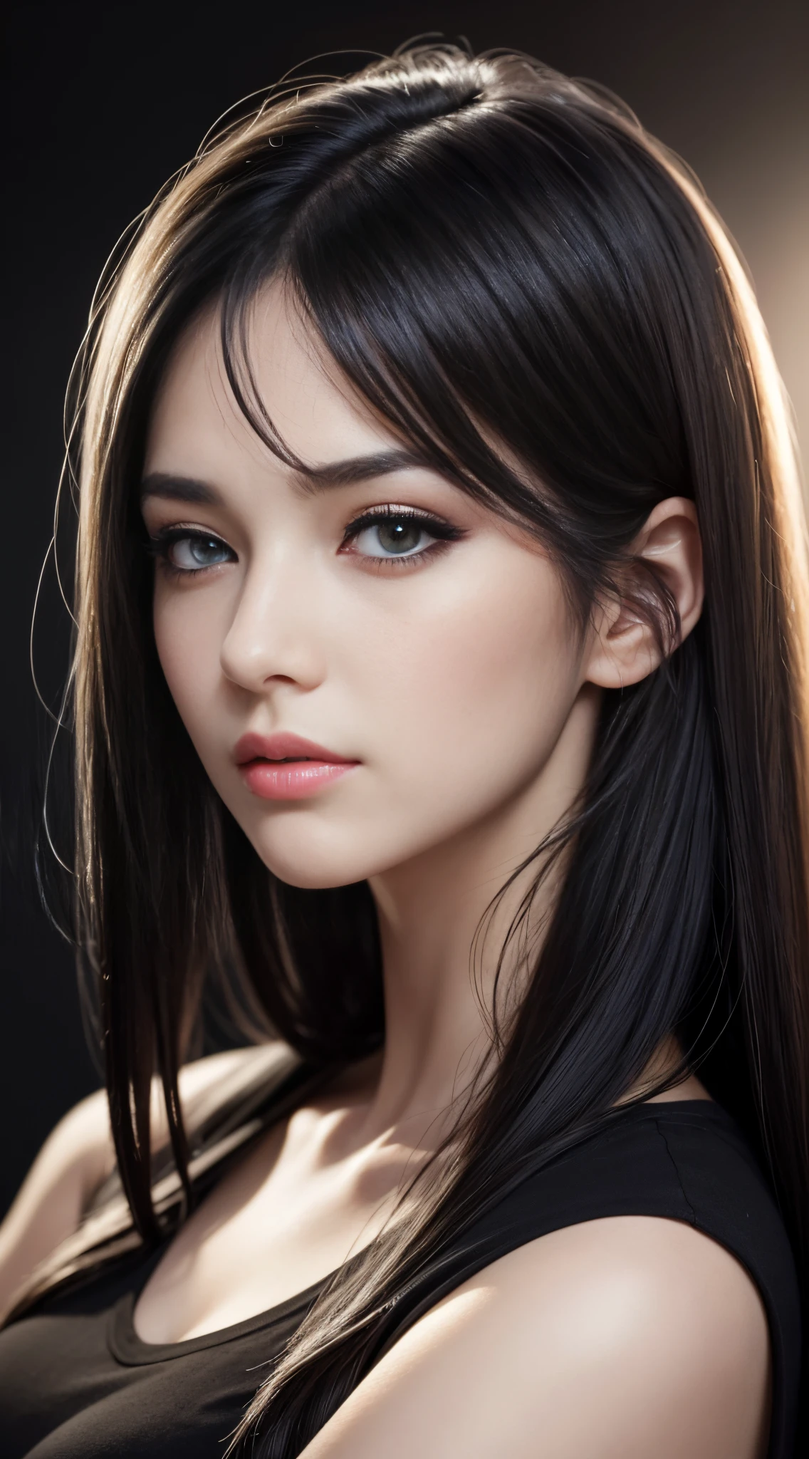 (Best Quality,hight resolution),(Realistic:1.37),Extremely detailed,(Studio Lighting),(Vivid colors),Black shirt,Portraits,Beautiful detailed eyes,Beautiful detailed lips,longeyelashes,Confident expression,Side view,Black hair,pale skin,Girl in a black shirt with beautiful eyes and lips, Enhanced with studio lighting and vibrant colors. Rendering with realistic details, Long eyelashes give you a confident look. her black hair is flowing down, Contrast with white skin.