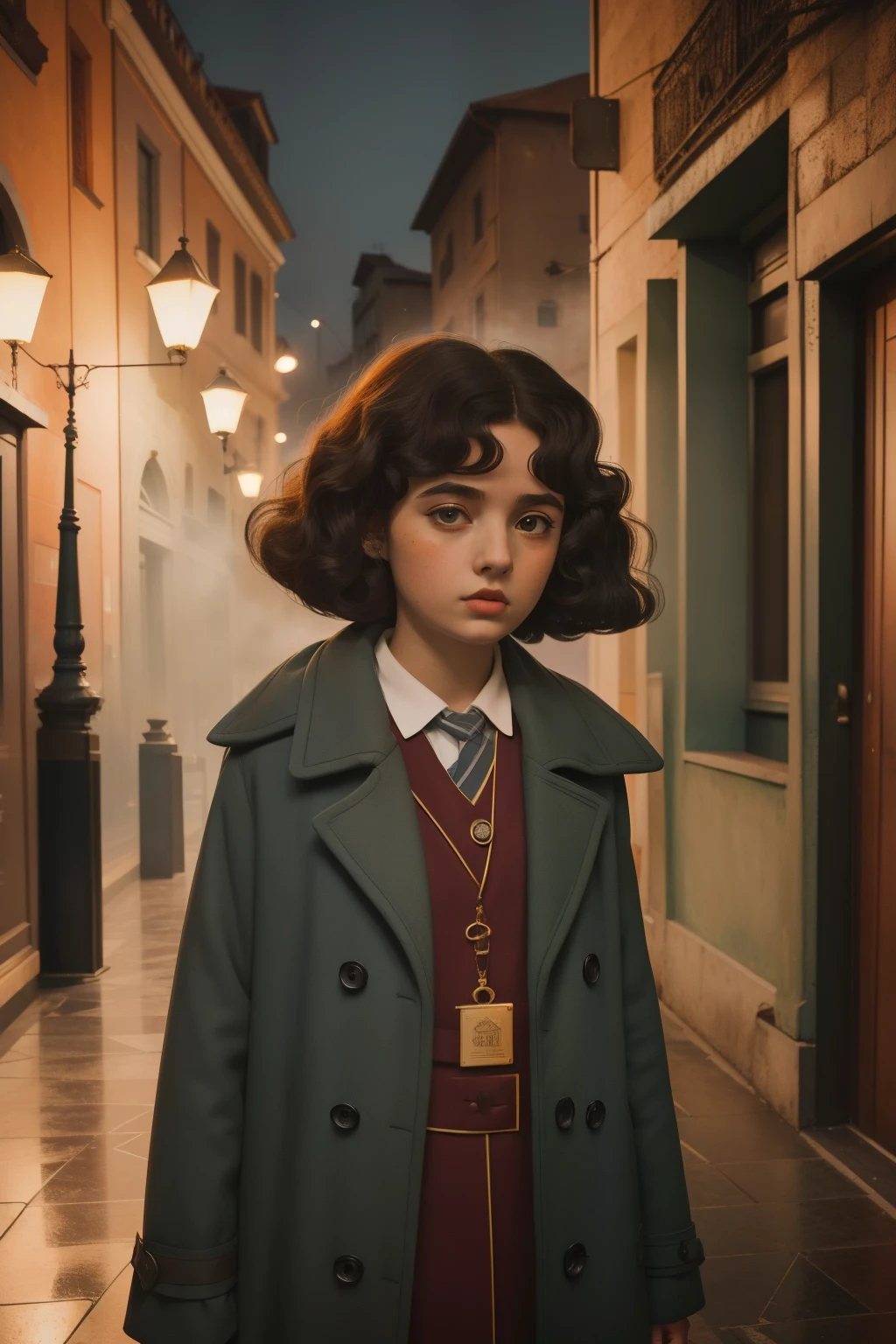 1965, Italy. Pre-raphaelite ((((-yeld)) o)), homeless girl, messy short curly hair, oversized coat, ((sacared)), ((((big and unkempt Clothing from the 1960s)))), ((curly Hairstyle of the 1960s)), ((Wes Anderson cinematic style)), colorful. Surrounded by evil (((grey men))) in grey suits, smoke, fog, sinister. Cold. Italian plaza. Nighttime.