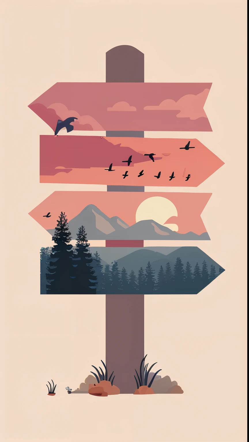 a poster with a mountain and birds flying over it, artwork about a road to freedom, background art, flat 2 d vector art, landscape illustration, 🚿🗝📝, an illustration, simple illustration, simple and clean illustration, illustration style, illustration!, vector illustration, sunset illustration, illustration”, directions, minimalistic illustration, flat illustration, nature environment