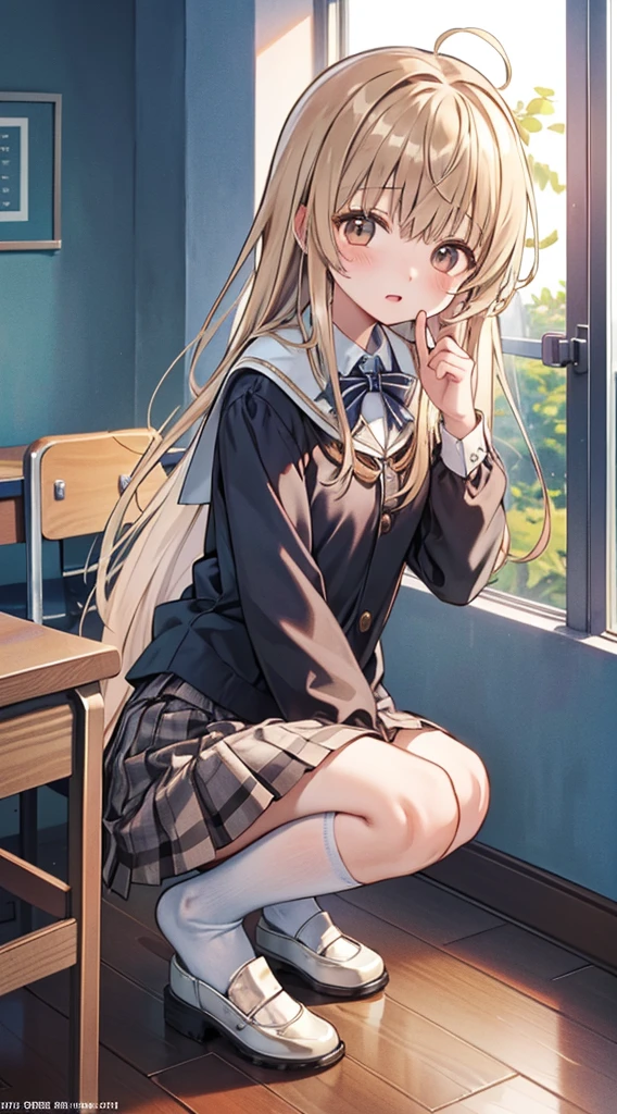 (masterpiece:2.0)、(top-quality:2.0)、(hight resolution:2.0)、8K、(((JK school uniform)))、a miniskirt、pleatedskirt、Navel、summer clothing、Classroom、Sunlight shines through the window、with a flushed face、crouching down、(white panties:2.0)、I can see panties、(((Midday Shiina)))、flaxen hair、white shirt、very short skirt