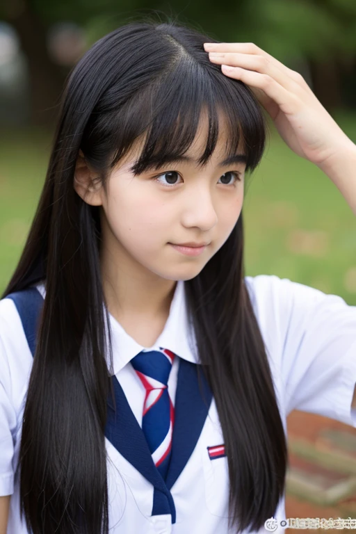 A shy 16-year-old high school girl with long black hair wearing a school uniform.
