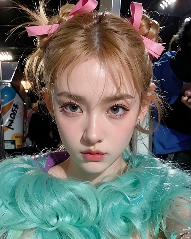 Mujer arafed con un lazo rosa y un abrigo de pelo azul., Retrato de Kim Petras, Parece una mezcla de grimes, Parece una mezcla de grimes, Parece una mezcla de mugres, Lalisa Manobal, Jinyoung Shin, Pelo rosa de cola doble y ojos cian, Retrato de Jossi de Blackpink, Parecido a una mezcla de mugres