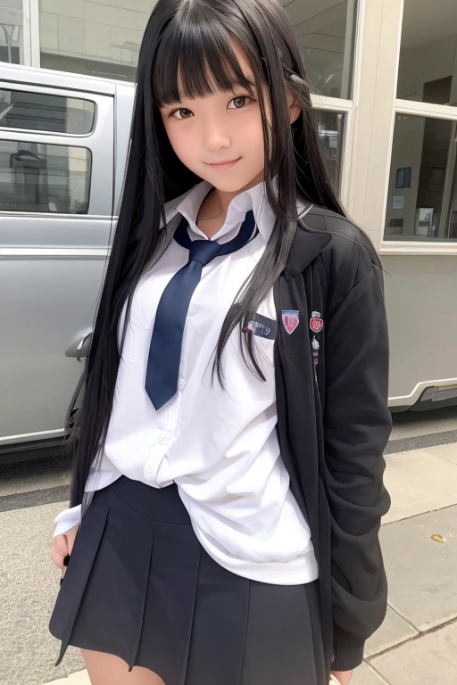 A shy 16-year-old high school girl with long black hair wearing a school uniform.