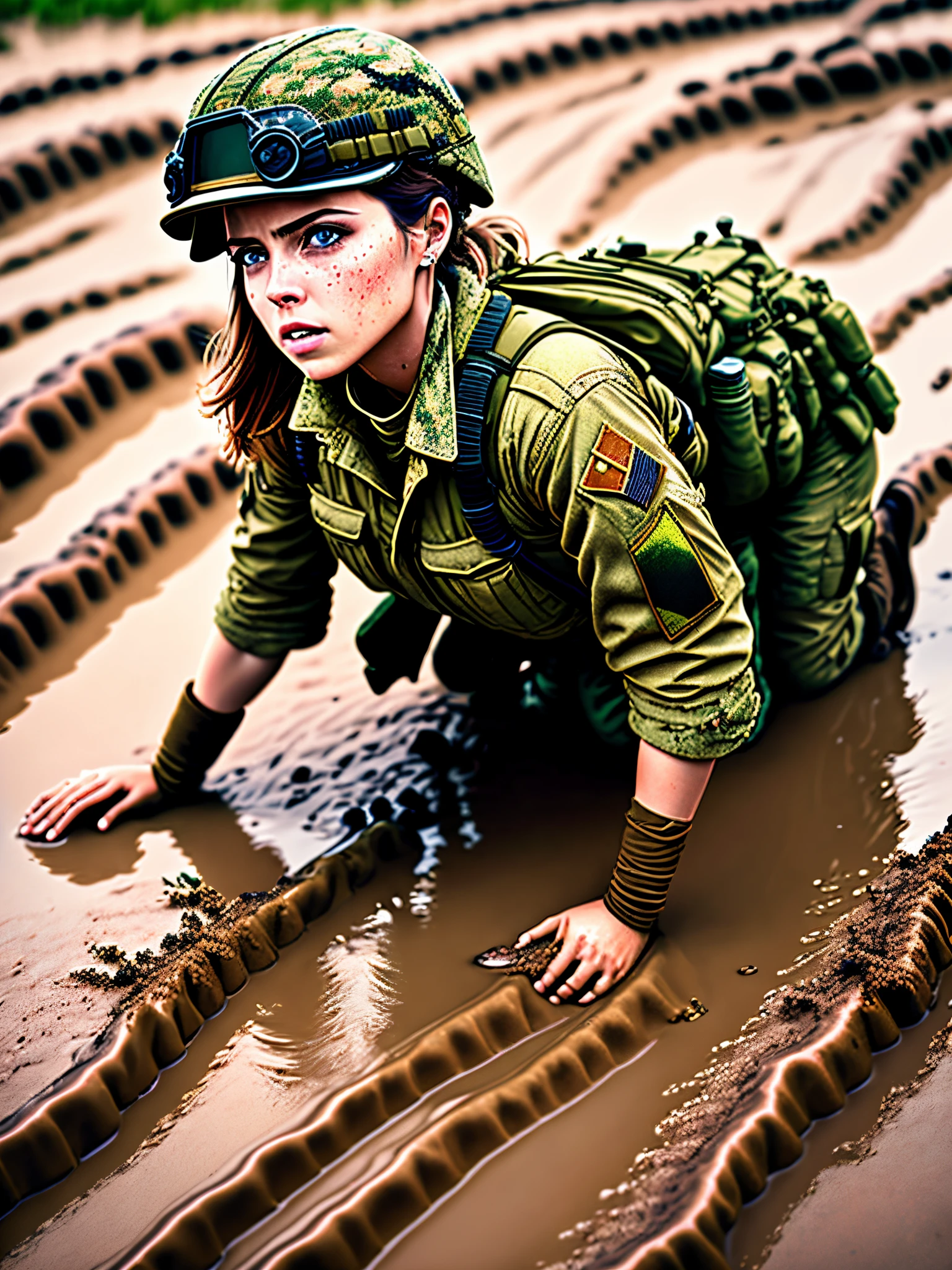 female soldier crawling through mud