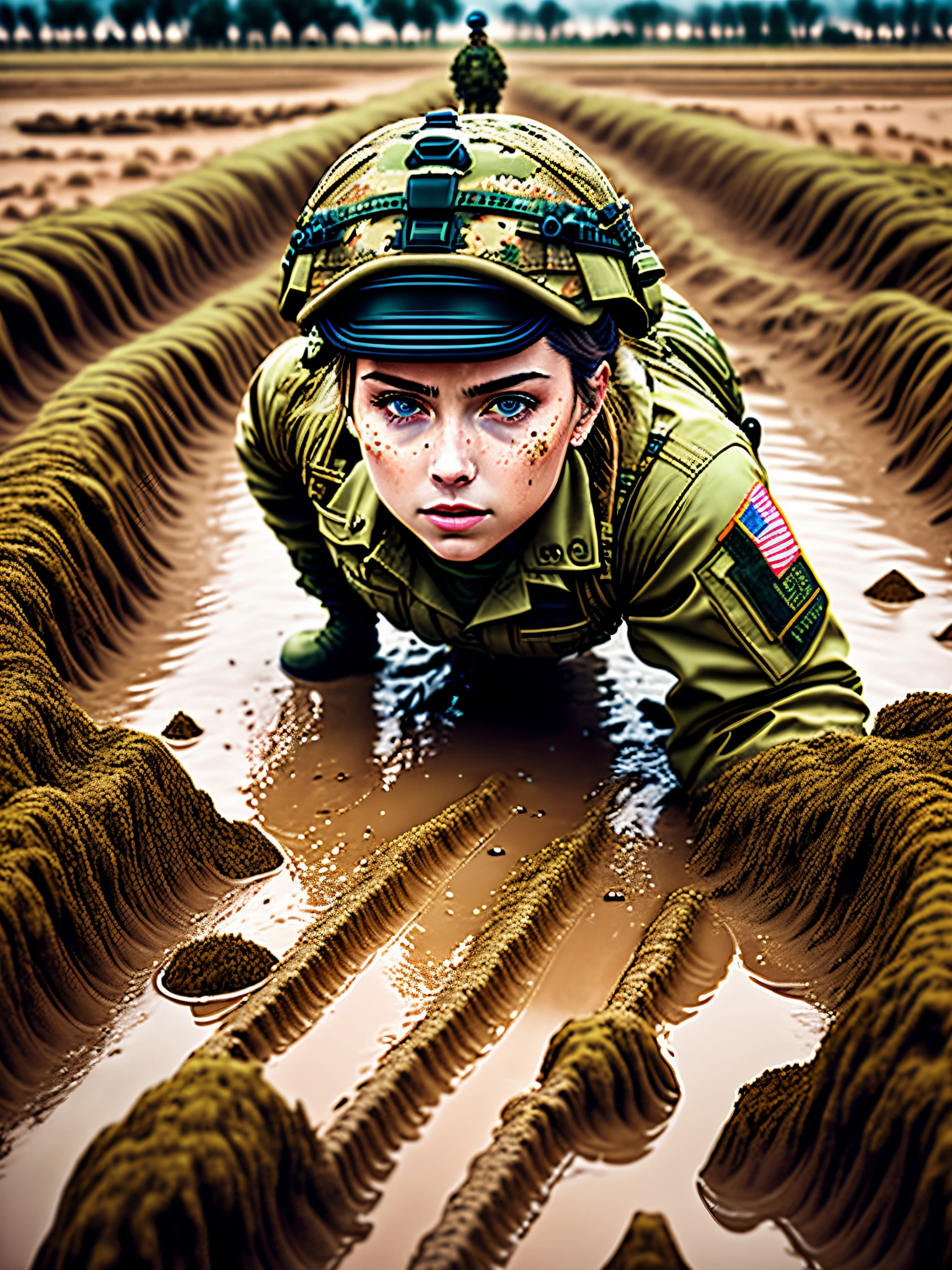 female soldier crawling through mud