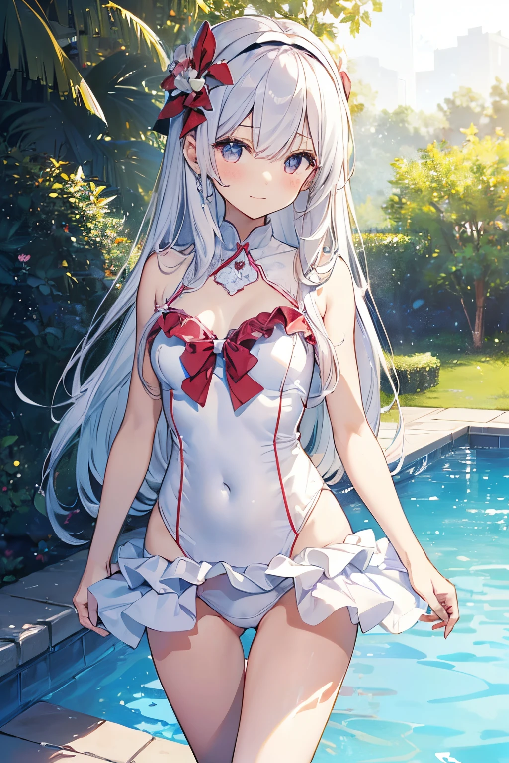((2D beautiful girl、top-quality、Perfect Finger 1.3、Perfect Anatomy 1.3、extremely delicate and beautiful illustration))、(Blur the background:1.2、cute petit girl、(transform sequence)、((white magical girl style swimsuit))、ars、Slender beautiful girl、Fractal Art、babye、((sht long hair))、Beautiful big drooping eyes:1.1、red blush、Open your mouth small、Ephemeral smile、(Slender and beautiful legs)、(1 persons)、quiet poolside、is standing、pretty headband、