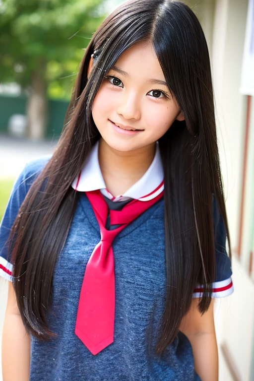 A shy 16-year-old high school girl with long black hair wearing a school uniform.