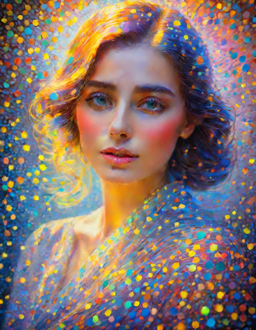 Fantasy, vivid and evocative portrait of a woman, holographic effect, little dots, little rectangles, soft face, cute face, interplay of light, color, and emotion. timeless masterpiece, Monet colors, and Seargent portrait