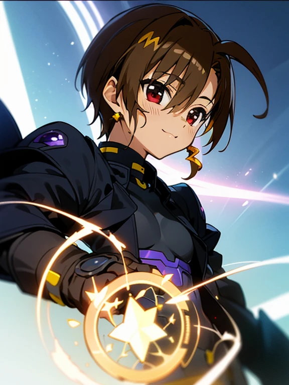 (Dark skin otokonoko), cute,(1 boy) very long dark brown hair, red eyes, (flat chested) wearing (Magical Girl Lyrical Nanoha StrikerS: Vivio Takamachi black barrier jacket black armoured bodysuit), black armoured gauntlets, cute smile, close up, huge divine Magic crystal, magic circle, blue sky background,