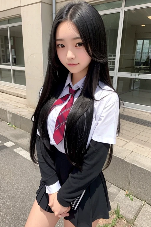 A shy 16-year-old high school girl with long black hair wearing a school uniform.