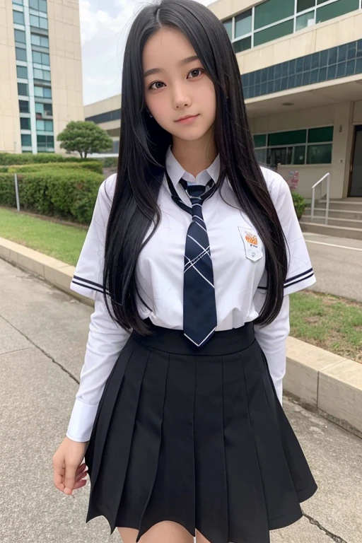 A shy 16-year-old hig? school girl with long black hair wearing a school uniform.
