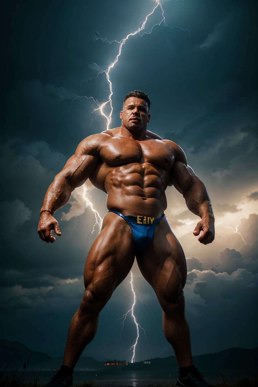 high quality, cinematic ray , realistic digital art illustration, epic, lightning, massive sherred body builder posing in the air