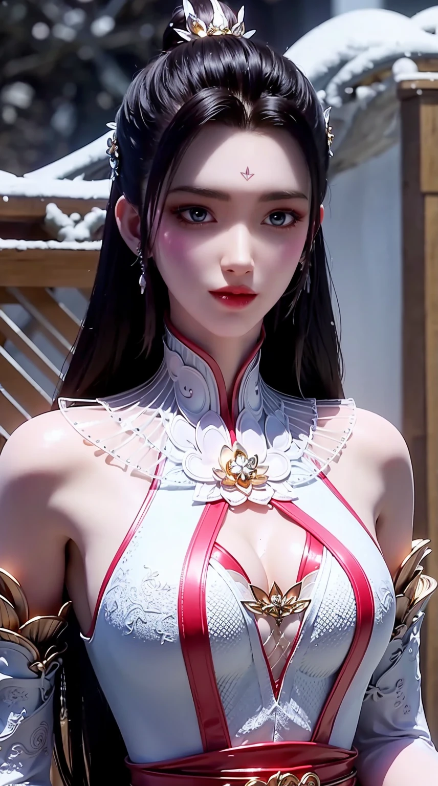 "1 Beautiful girl in traditional clothes, Elaborately sewn slender red and white silk dress, Low-cut shirt, low slit, Long black hair and bangs, The most meticulous、The most beautiful hair accessories, Create the most beautiful and flawless face, ((dark circles pupils:0.8)), verybeautifuleyes, big and round eyes, ((Brown eyes:1.1)), Beautiful and detailed makeup eyelashes, High nose, 耳Nipple Ring, small red lips, rosy face, Clean face, flawless and beautiful face, smooth fair skin, ((Large breasts: 0.9)), Blooms breasts, ((The chest is large and round: 0.9)), ((super tight breasts: 1.2)), ((breast enhancement: 0.8)), beautiful boobs, Slim petite body, ((big breasts thin waist: 0, 9)), Upper body of a beautiful girl, Sexy girl, Fishnet socks colors are coordinated according to the garment, 8k photograph, hyper qualit, Surreal, 10x super pixels, Photorealistic photos, dark studio, The background is bright, Two-colored light, (highdetailskin: 1.2), 8k ultra high definition, softlighting, high qulity, volumettic light, actual, high res photograph, optic, The best photos, Picture quality 4K, 8K, Smooth and sharp, 10x more pixels, Super graphics, The most realistic graphics, (((Snowfall background: 1.6))), 1 girl, Alone, Alone, ((portrait direct:1.2)), Extremely sharp, surreal image."