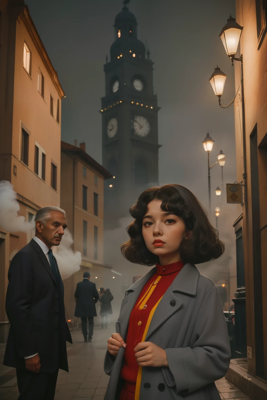 1965, Italy. Pre-raphaelite ((((10-year-old)) Momo)), homeless girl, messy short curly hair, oversized coat, ((sacared)), ((((big and unkempt Clothing from the 1960s)))), ((curly Hairstyle of the 1960s)), ((Wes Anderson cinematic style)), colorful. Being followed, Persecuted, Surrounded by evil (((grey men))) in grey suits, smoke, fog, sinister. Cold. Italian plaza. Nighttime.