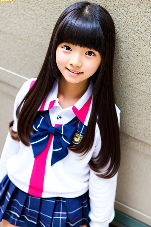 A shy -yeld juschool girl withblack hair wearing a school uniform.