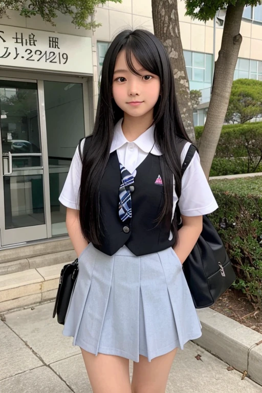 A shy 14-year-old junior high school girl with long black hair wearing a school uniform.