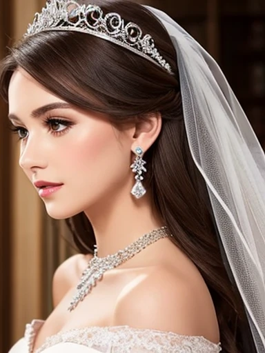 Beautiful lady, earrings, strapless wedding dress, cleavages, necklace, bracelets, tiara, veil, off-shoulder, lipsticks, smokey eyes, blush