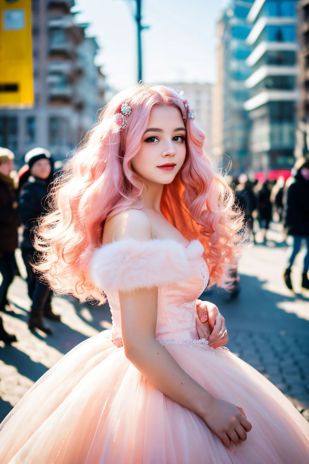 a girl with curly pink hair in a fluffy ball gown in the middle of the city of Zaporozhye