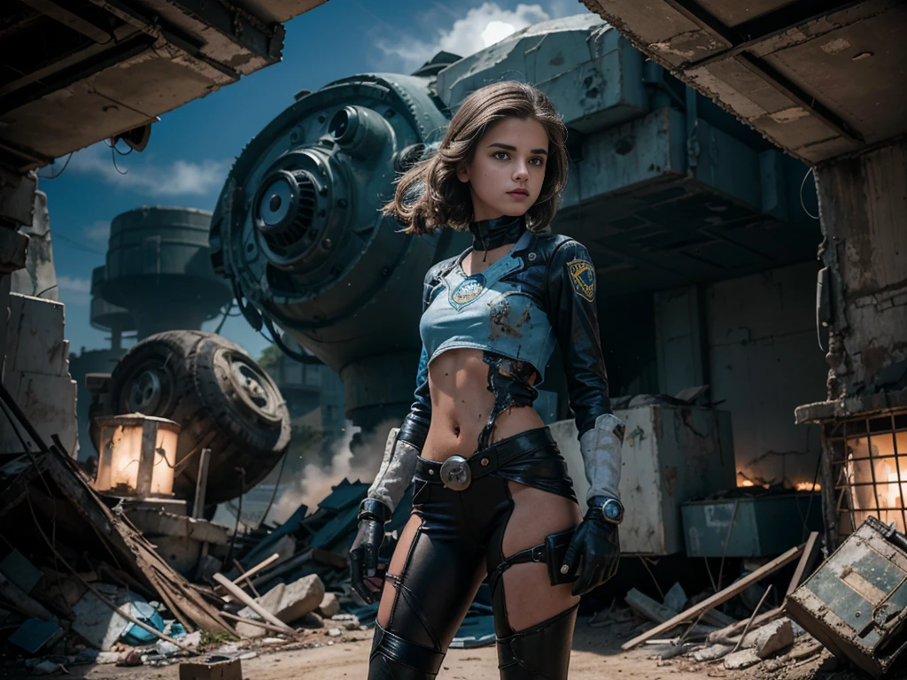 a teen little caprice dressed as a vault girl from fallout standing as a captivating figure amidst the desolation. close up. her physical appearance tells a story of tragic transformation and decay, evoking both fascination and a sense of unease. the teenage robot girl's youthful countenance her flesh, vibrant and alive, exposing patches of muscle.