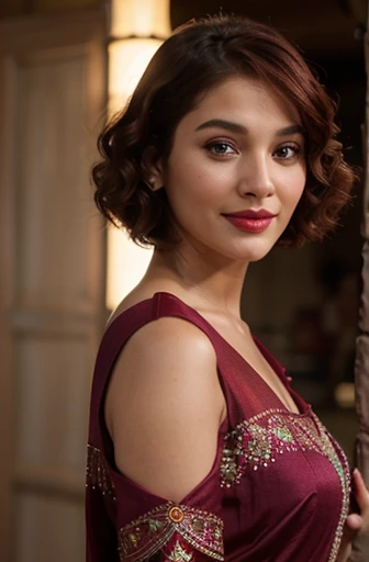 beautiful gorgeous glorious slim bollywood actress, Arizona dress-up, high hill boot, pretty face, beautiful glorious gorgeous face, very fine face details, bright eyes, red lips, thin nose, burgundy hair, bob cut curls, 4K details, ultra high resolution, skin fine details, standing, looking at camera and smiling,