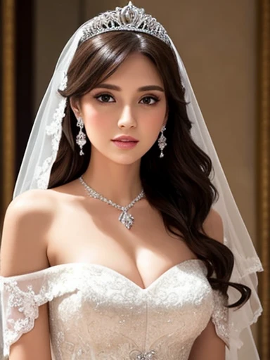 Brunette lady, earrings, strapless wedding dress, cleavages, necklace, bracelets, tiara, veil, off-shoulder, lipsticks, smokey eyes, blush