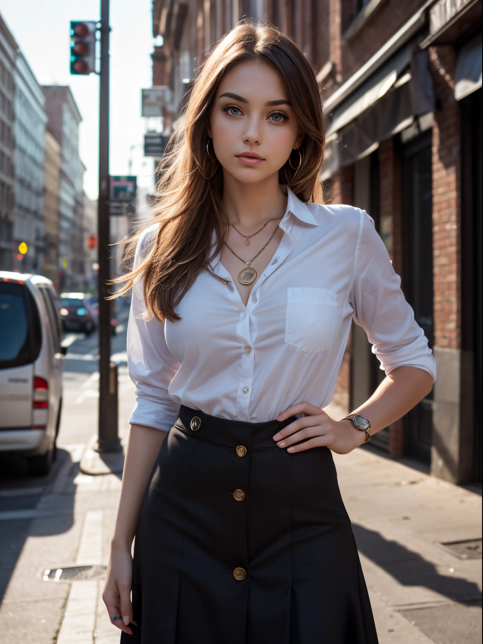(1 beautiful young random girl), (random coloured eyes), (random hair), (slender), (medium breasts), (perky), (Professional photography), (Professional Lighting), (half body portrait), (wearing button shirt dresses),(earrings, necklace), (doing random things and random poses), (at random places and locations), (At a random time of day),