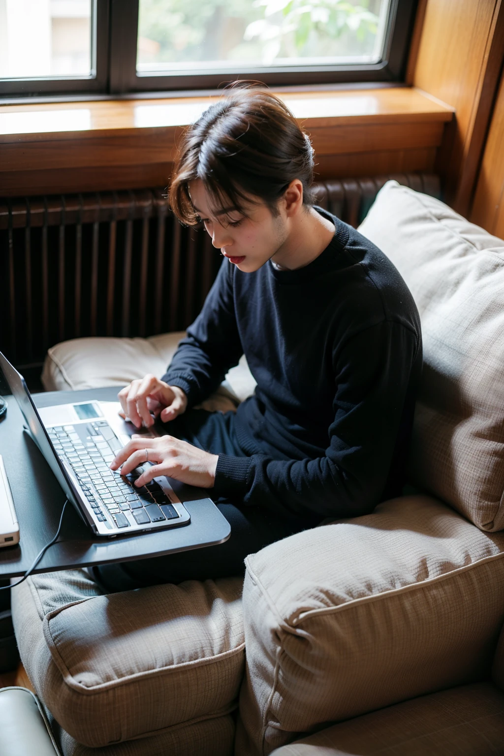 A man is typing on the computer on the sofa