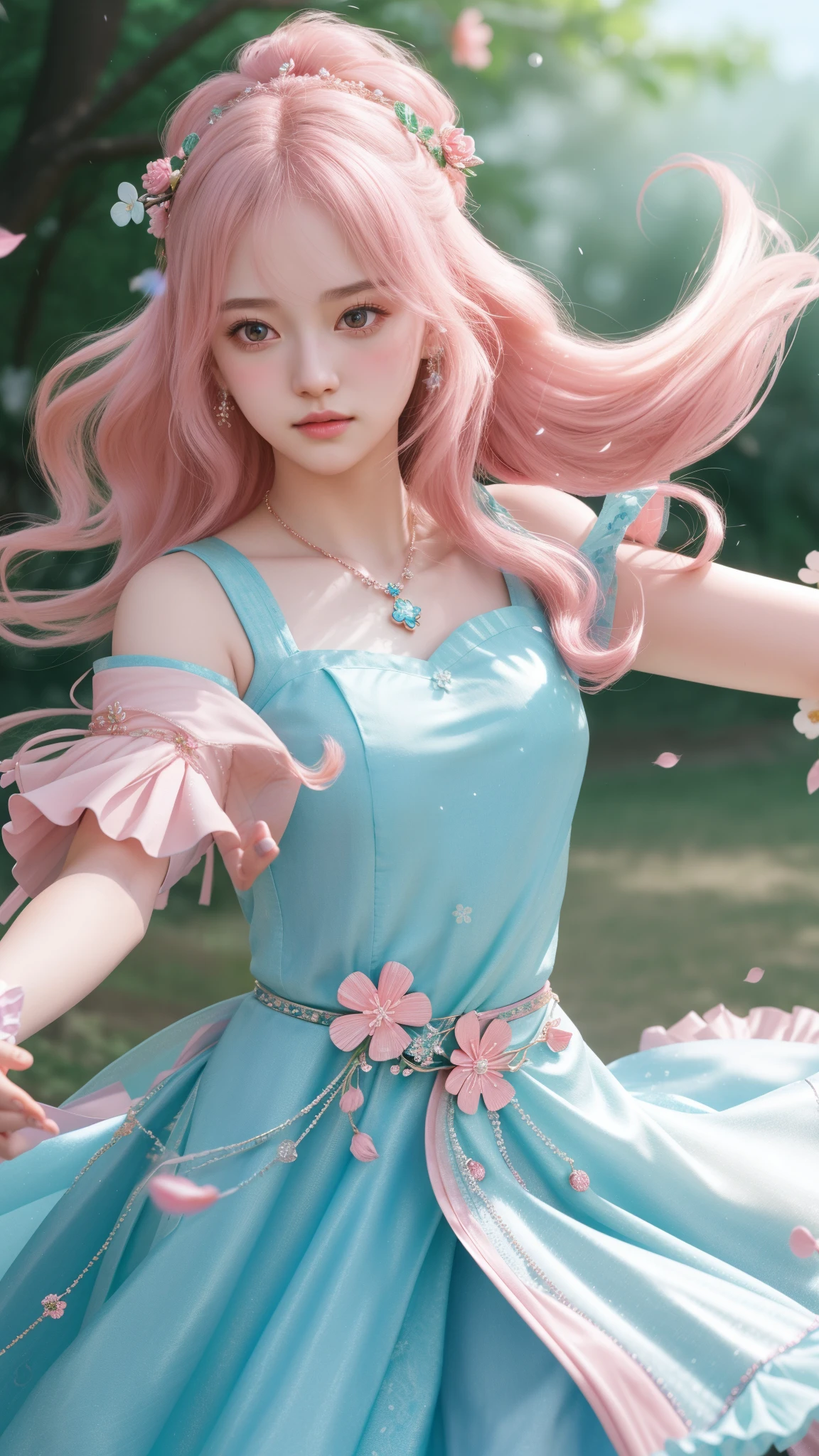a girl, detailed hair, detailed eyes, shy, facial hair, clover hair ornament, jeweled branch of hourai, jewelry, light blush, light blush, musical note hair ornament, blue dress, princess dress, glowing light, ray tracing, bloom, chromatic aberration abuse, motion blur, 4K, UHD, masterpiece, dancing poses,