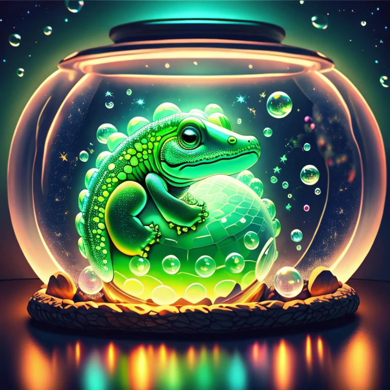 A cute alligator, an incredible round senarium, translucent bubble theme, cores vermelho/preto/verde, bioluminescence at night. surreal, intrincado/intrincada, SDLX/studio, vetor/neon light/degrade, alta qualidade, highes definition, alto detalhe, alta resolução, 8k