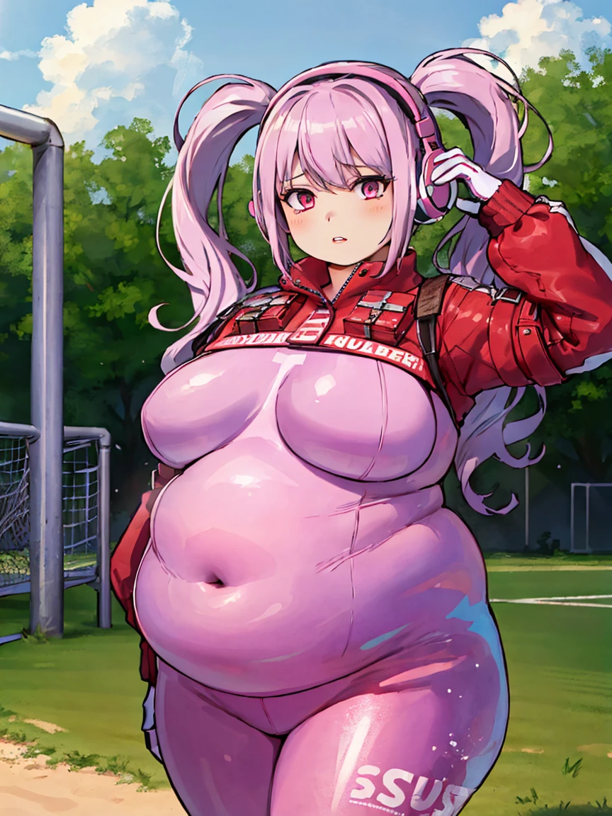 Best Quality, Masterpiece, Ultra High Resolution, (Realisticity: 1.9), Original Photo, obese 1Girl, Bare Shoulder, Close Up, Asian, Outdoor, Playground, Movie Lighting , bangs, bodysuit, breasts, covered navel, obese body, fat arms, fat and cute face, thick thighs, cropped jacket, gloves, headphones, impossible obese bodysuit, jacket, large breasts, long hair, long sleeves , medium breasts, parted lips, pink bodysuit, pink eyes, pink hair, puffy sleeves, red jacket, shrug \(clothing\), skin tight, solo, twintails,alice \(nikke\),(masterpiece:1.4),(best quality:1.4),(shiny skin),realistic