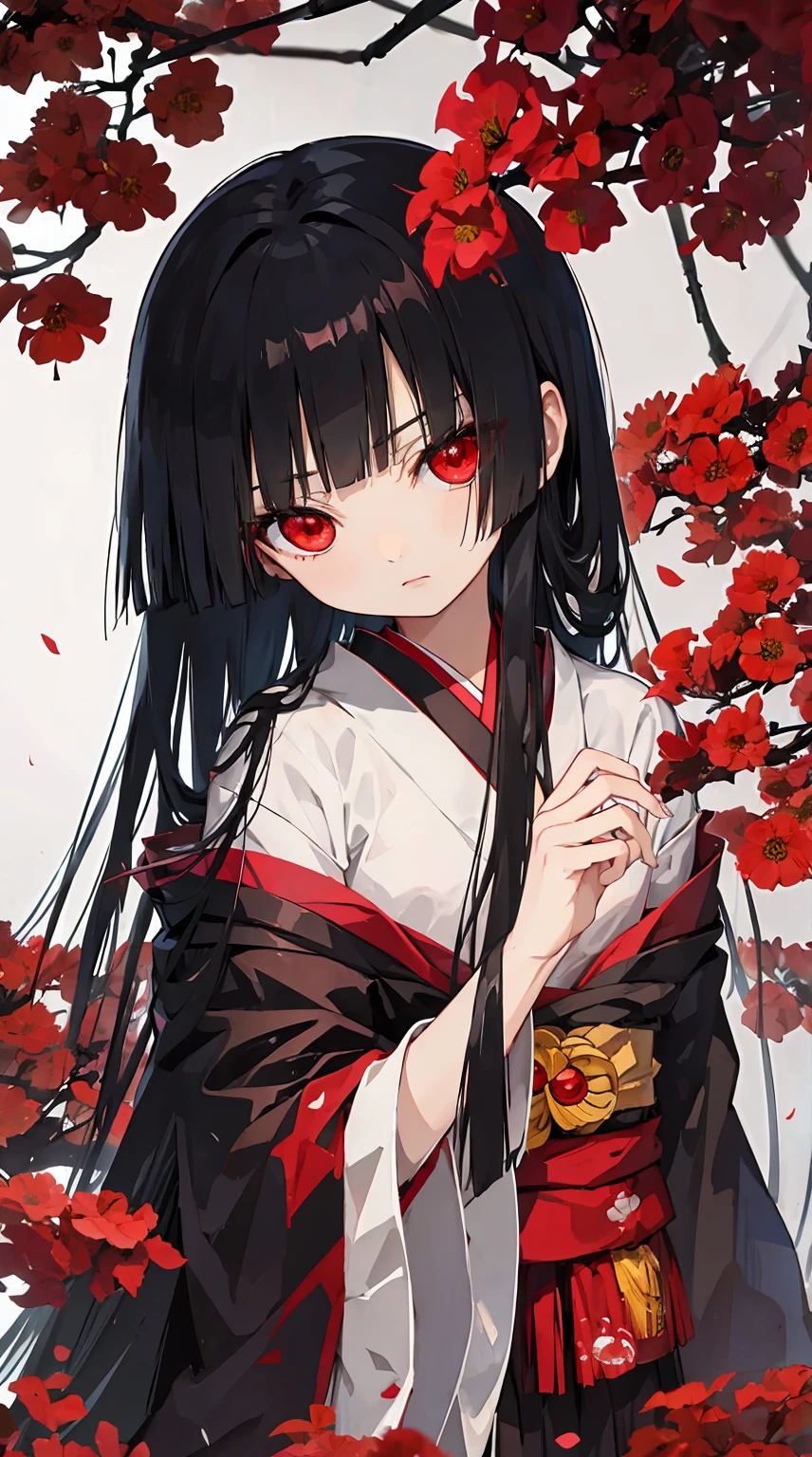 (Hell giri),(Ai Enma),1giri,solo,stare at the far,Japanese style,8K, Best quality,rainy day,red flowers