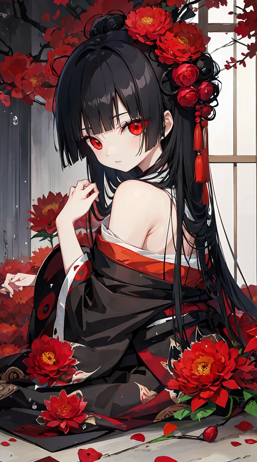 (Hell giri),(Ai Enma),1giri,solo,stare at the far,Japanese style,8K, Best quality,rainy day,red flowers