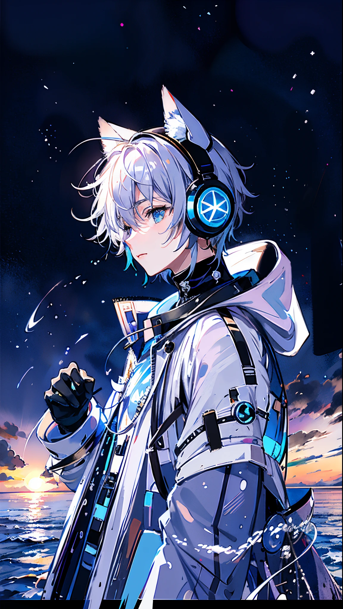 teen ager,White hair,wear a blue and white coat,With blue illuminated headphones,beach side,Mare,Eventide,evening sun,the setting sun,short detailed hair,Libido boy