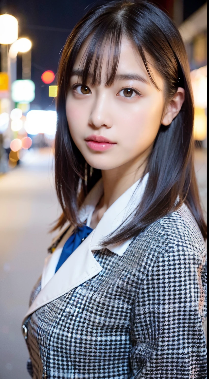 1girl,(school uniform,japan,medium hair black hair, ),(RAW photo, best quality), (realistic, photo-realistic:1.4), masterpiece, an extremely delicate and beautiful,, photography, extremely detailed, kodak Portra 400,film grain,2k wallpaper, Amazing, finely detail, extremely detailed CG unity 8k wallpaper, ultra-detailed, highres, soft light, beautiful detailed girl, extremely detailed eyes and face, beautiful detailed nose, beautiful detailed eyes,cinematic lighting,city lights at night,street